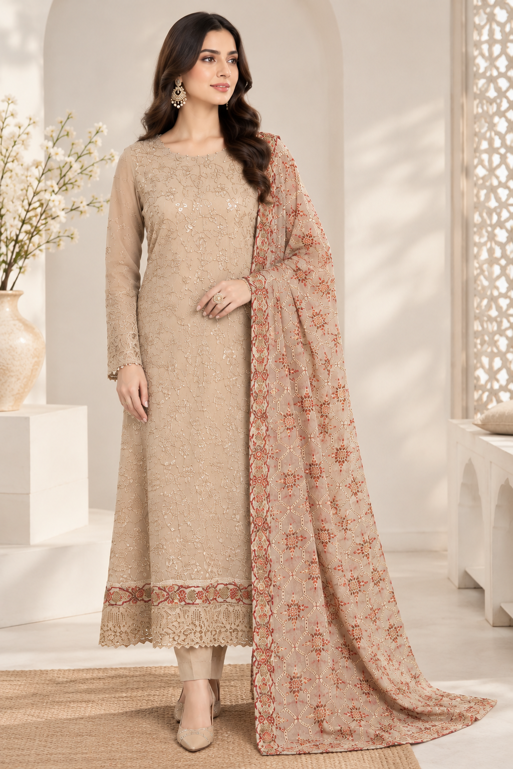 D-1091 Beige Embroidered Suit with Organza Dupatta