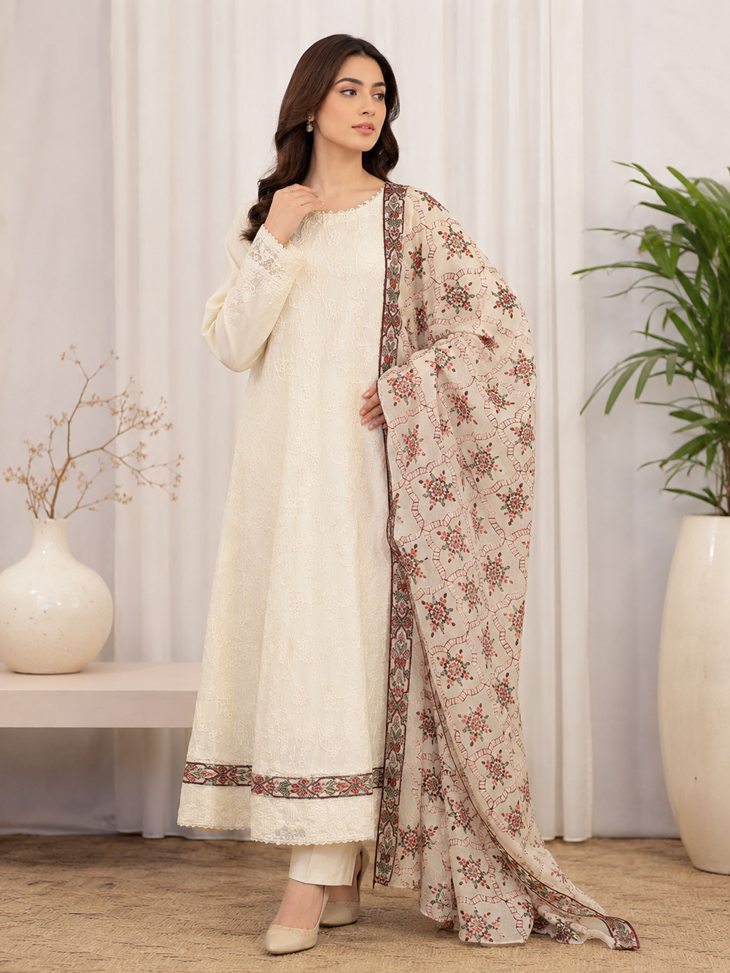 D-1091 Ivory Floral Embroidered 3-Piece Suit