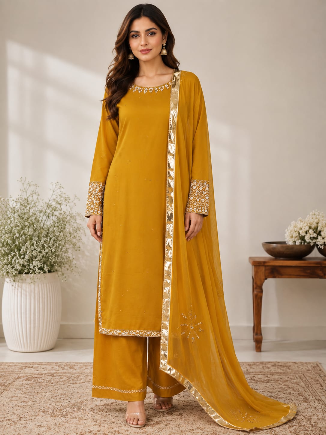 Z-12 | Mustard Luxe Handwork Chiffon Suit