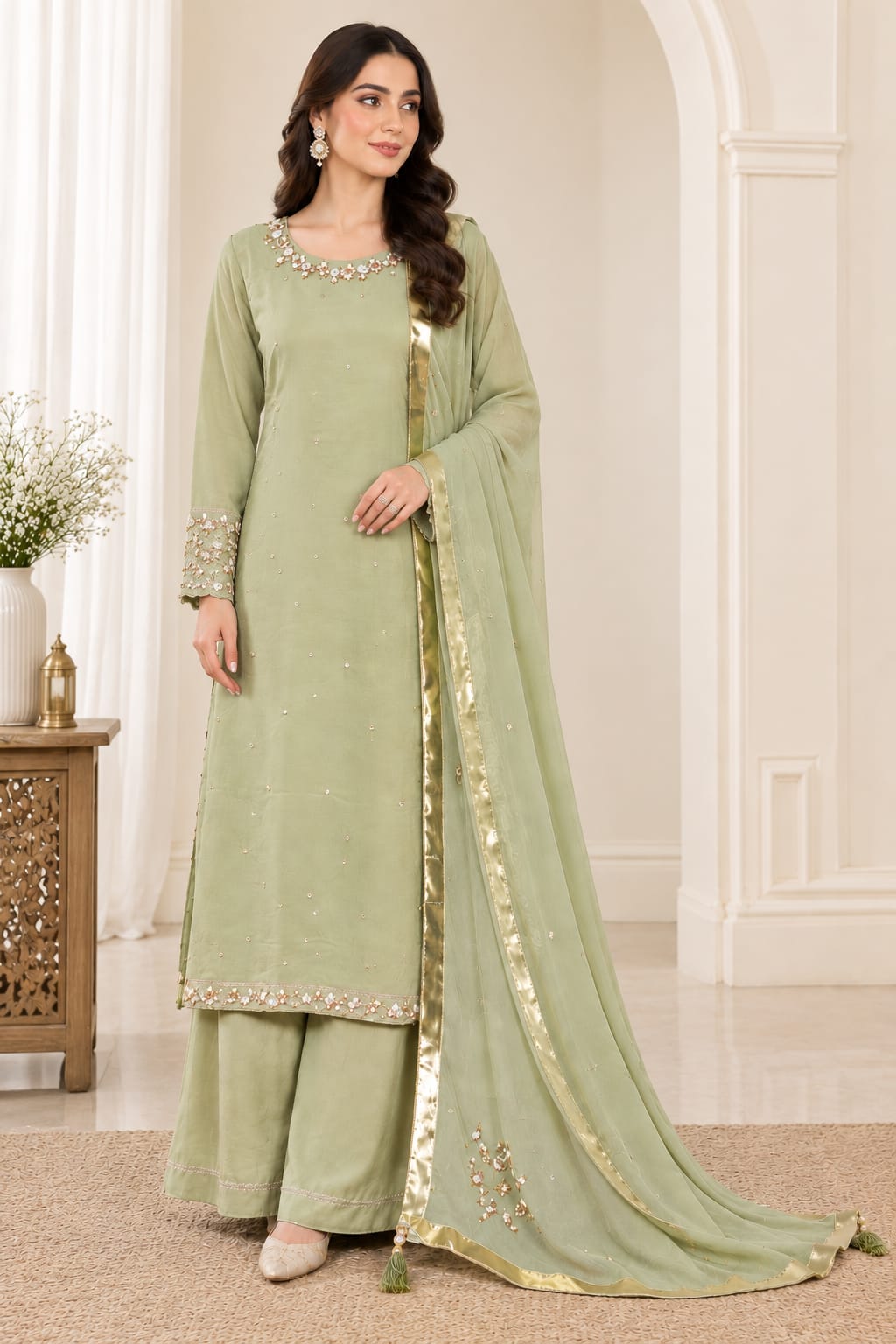 Z-12 Sage Green Embroidered & Handwork Chiffon Suit